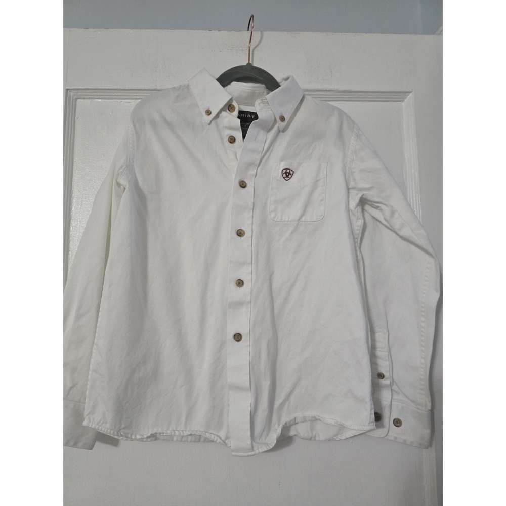 Ariat Shirt Boys Solid Twill Size 8 Button Up Long Sleeve Western Logo Casual